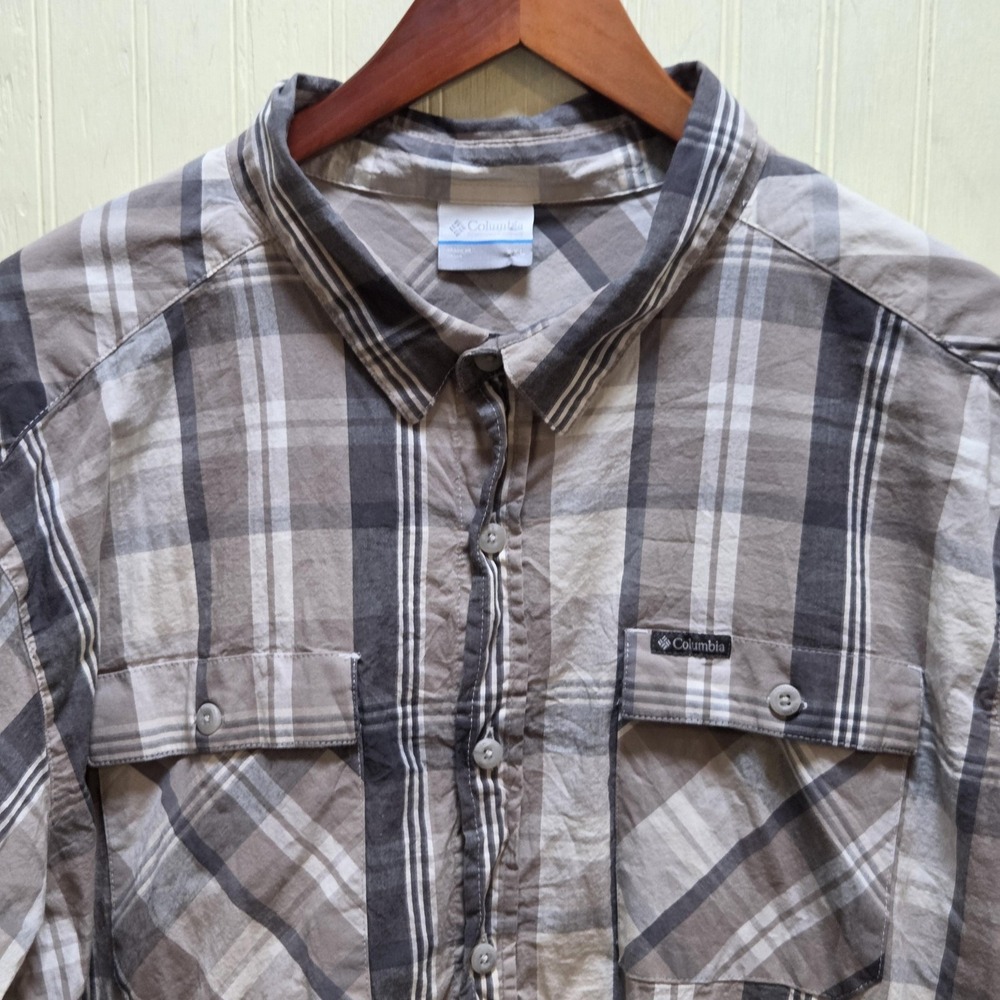 Columbia Shirt Mens 2XL Beige Gray Plaid Short Sleeve Cotton Stretch Button-Up